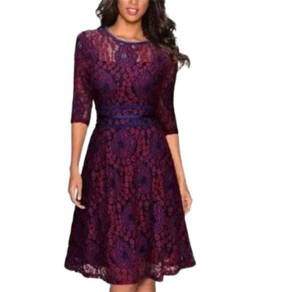 NWT MIUSOL Cranberry Red Blue Lace 3/4 Sleeve Blue Ribbon A Line Midi Dress L